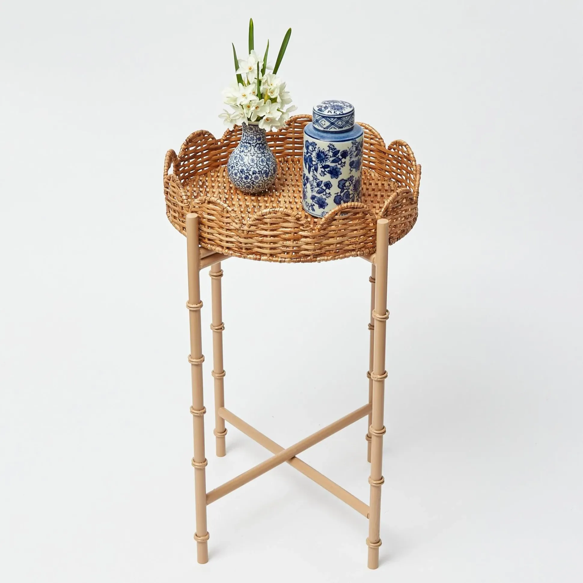 Round Scalloped Rattan Tray With Stand