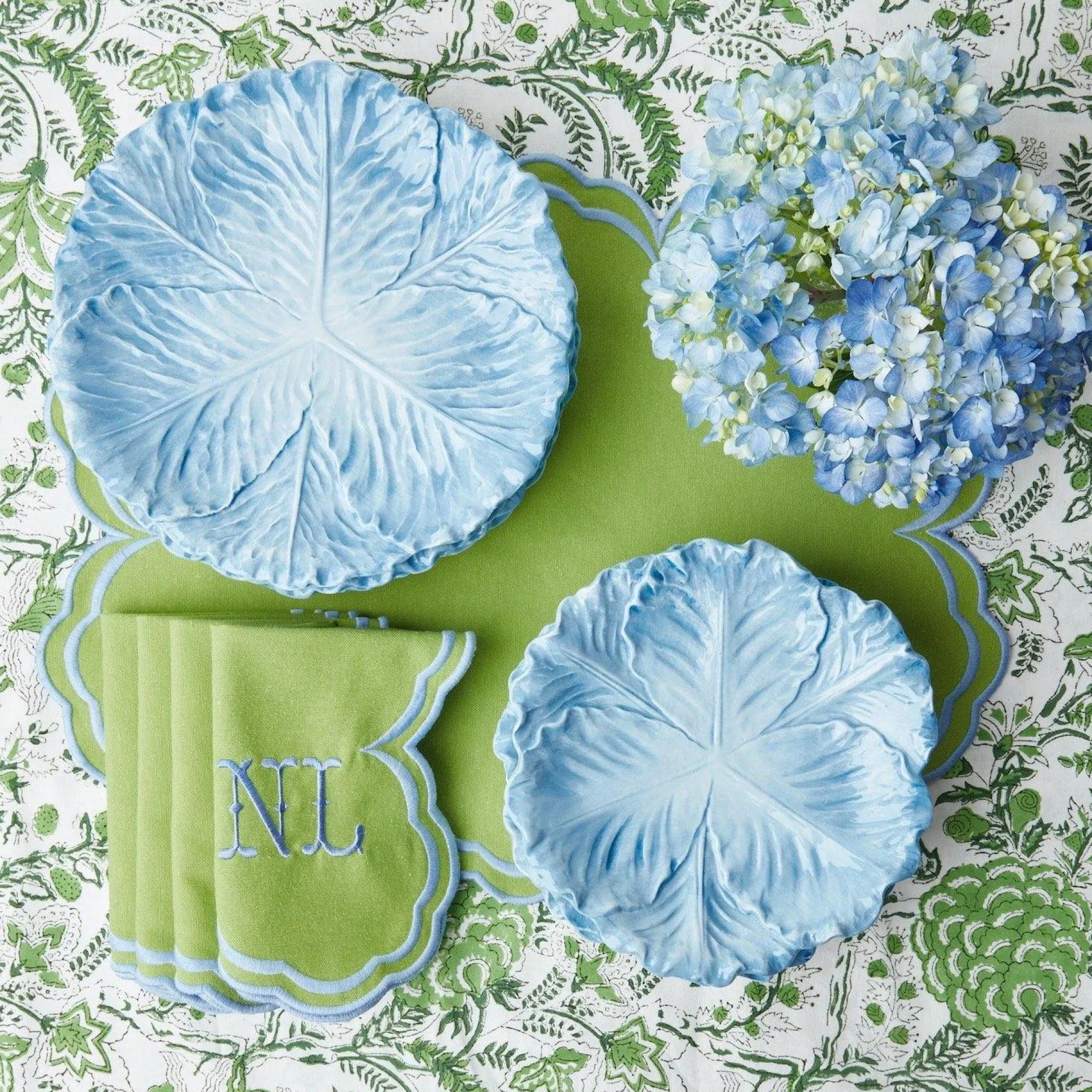 Serena Apple Green With Blue Placemats (Set Of 4)