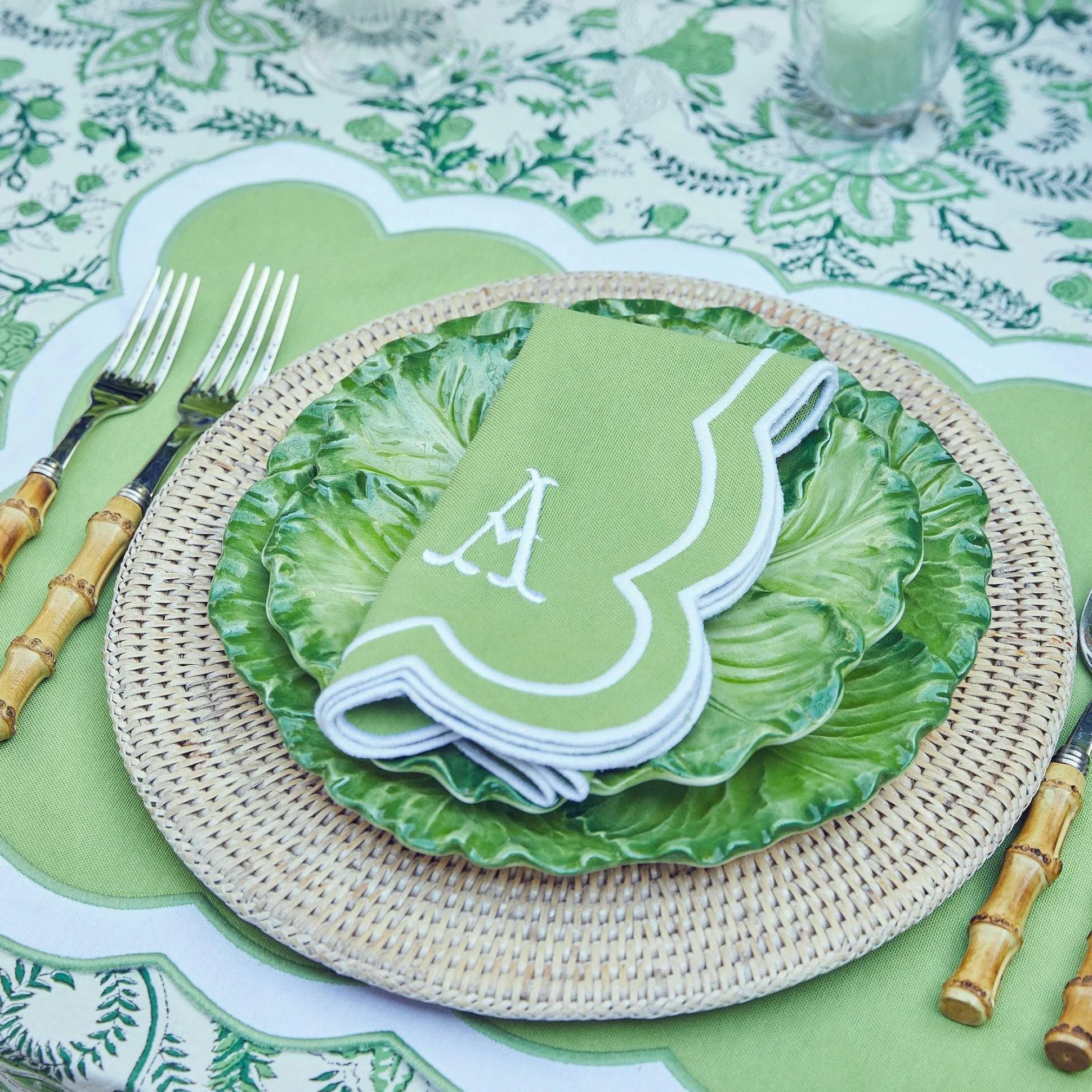 Serena Applique Green Placemats & Napkins (Set Of 4)