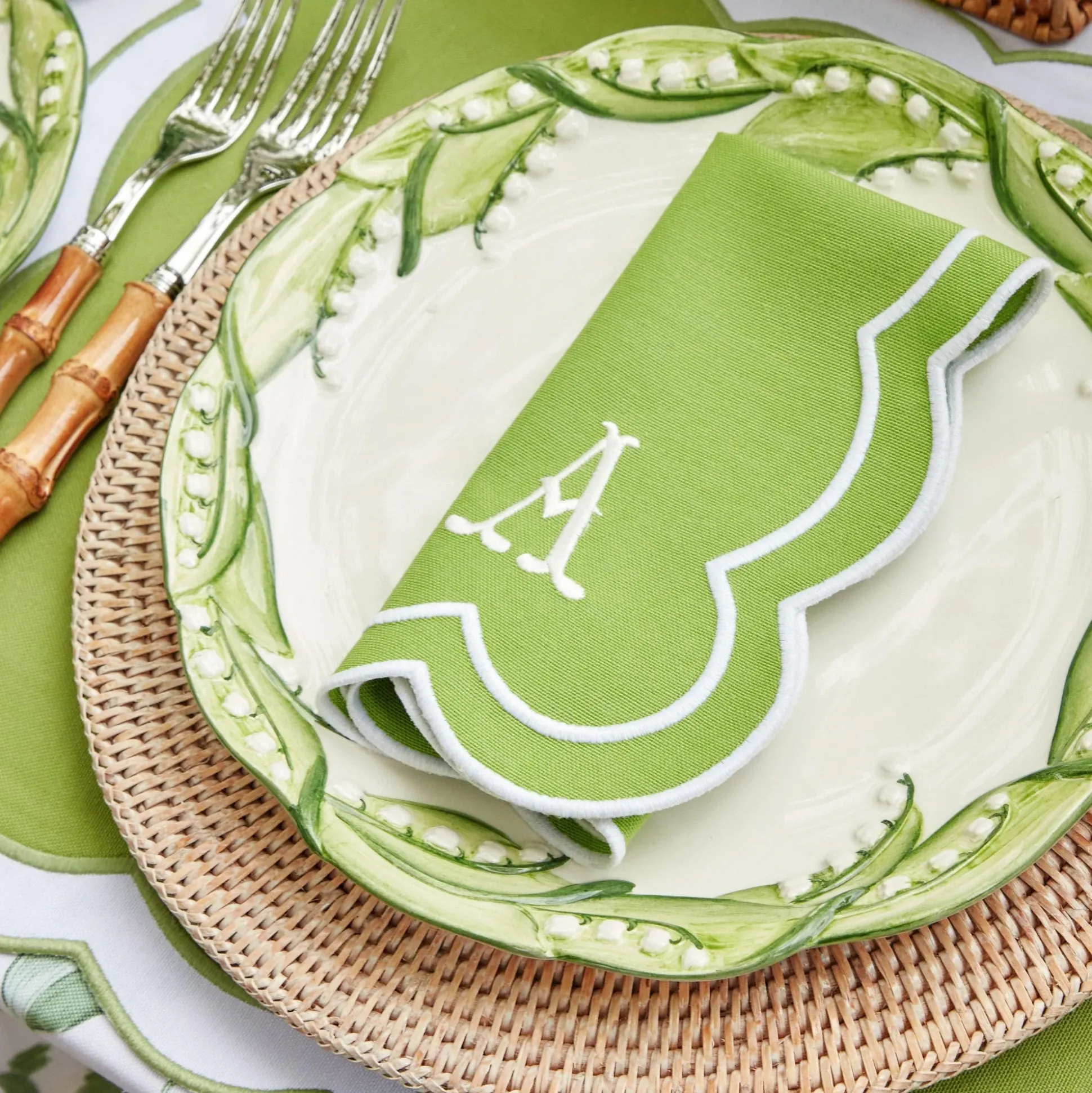 Serena Applique Green Placemats & Napkins (Set Of 4)