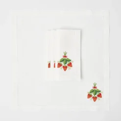 Strawberry White Linen Embroidered Napkins (Set Of 4)
