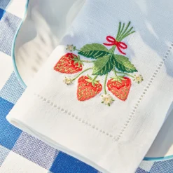 Strawberry White Linen Embroidered Napkins (Set Of 4)
