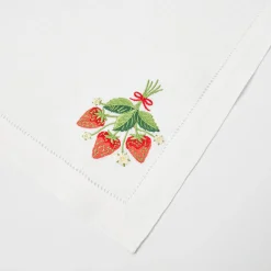 Strawberry White Linen Embroidered Napkins (Set Of 4)