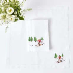 White Embroidered Skier Napkins (Set Of 4)