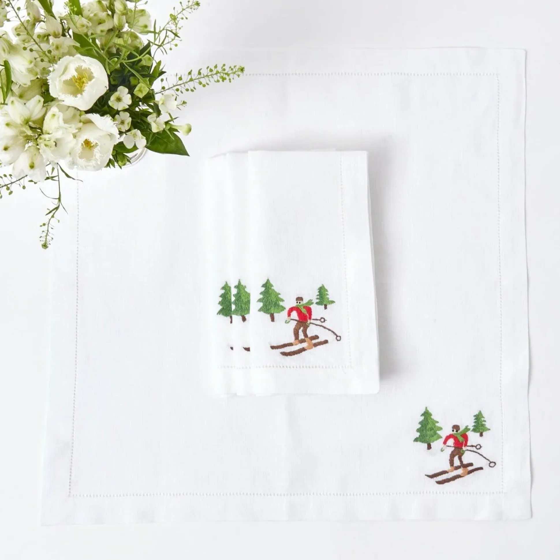 White Embroidered Skier Napkins (Set Of 4)