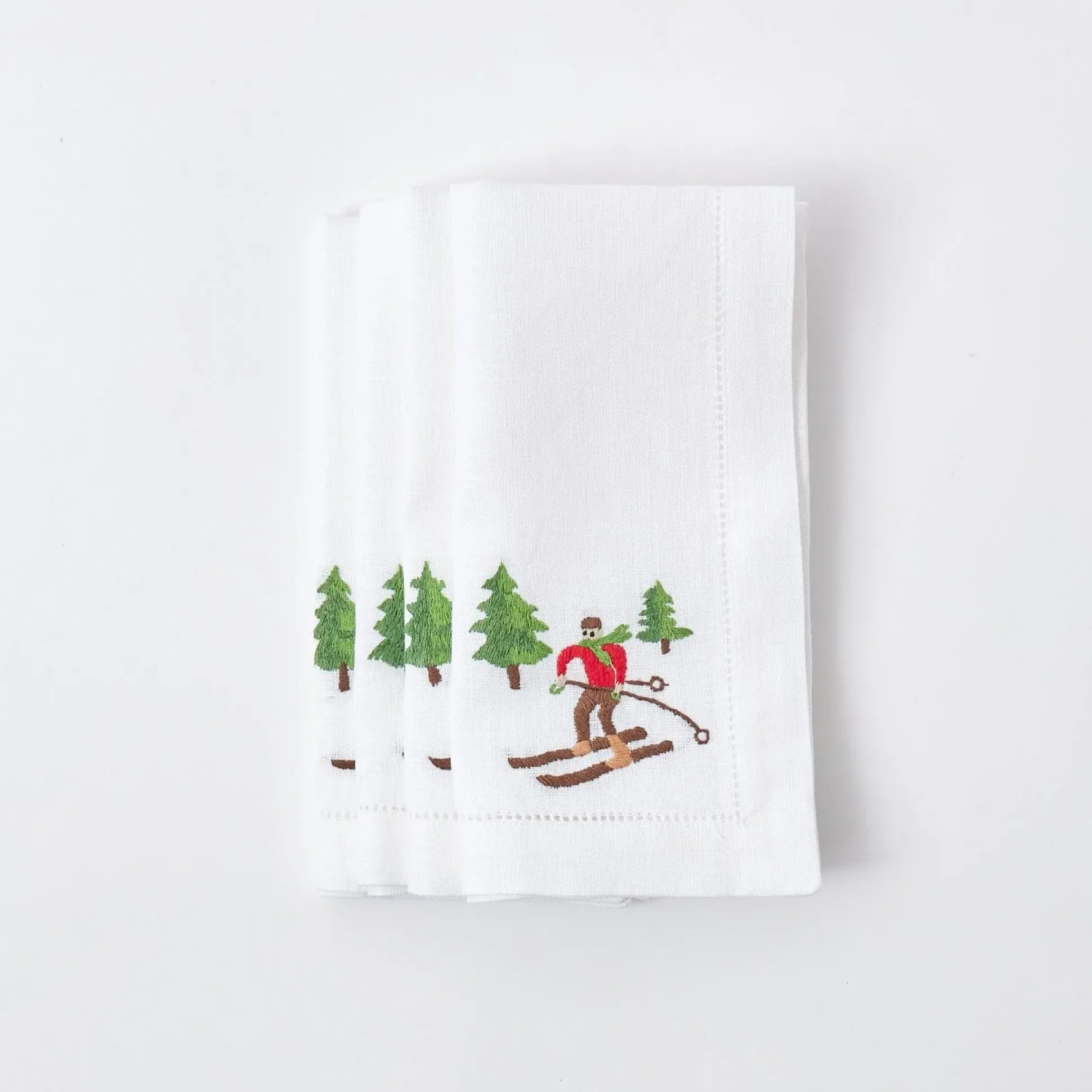 White Embroidered Skier Napkins (Set Of 4)