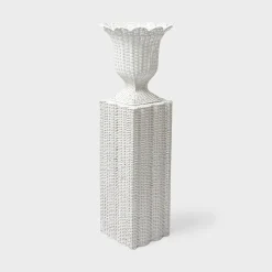 White Liliana Scalloped Rattan Pedestal And Urn