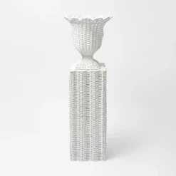 White Liliana Scalloped Rattan Pedestal And Urn