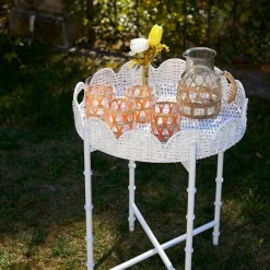 White Rattan Round Scalloped Tray With Stand
