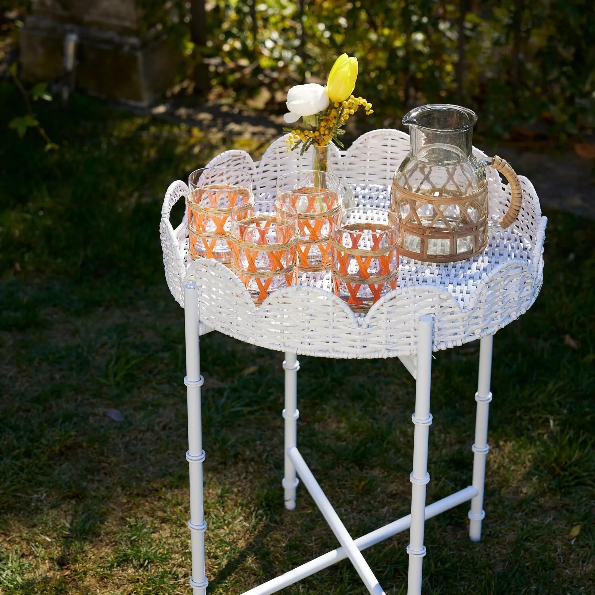 White Rattan Round Scalloped Tray With Stand