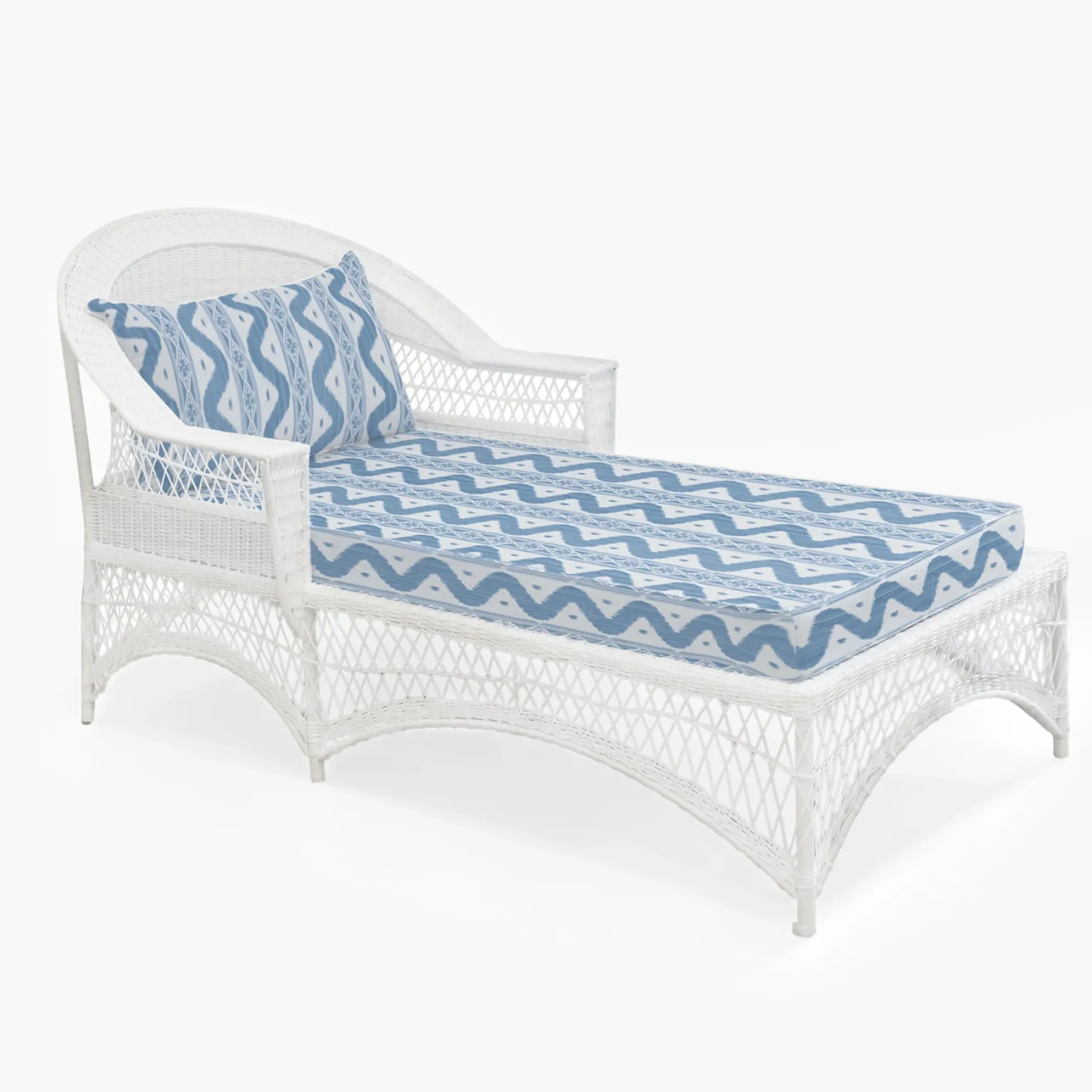 White Rattan Sun Lounger With Blue Ikat Cushion