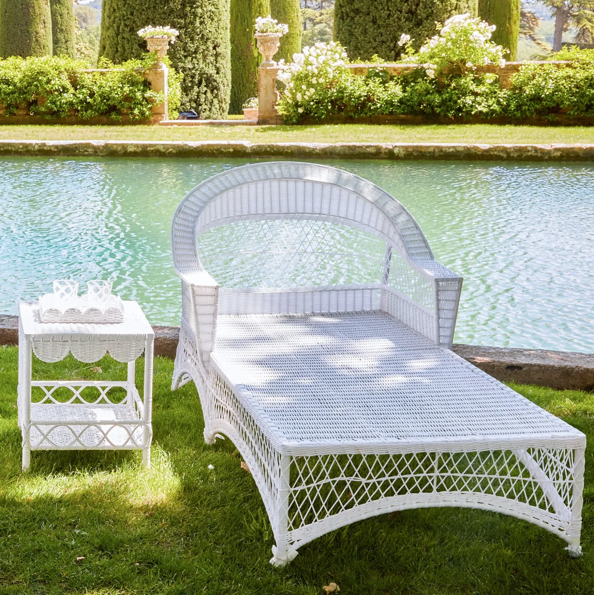 White Rattan Sun Lounger With Blue Ikat Cushion