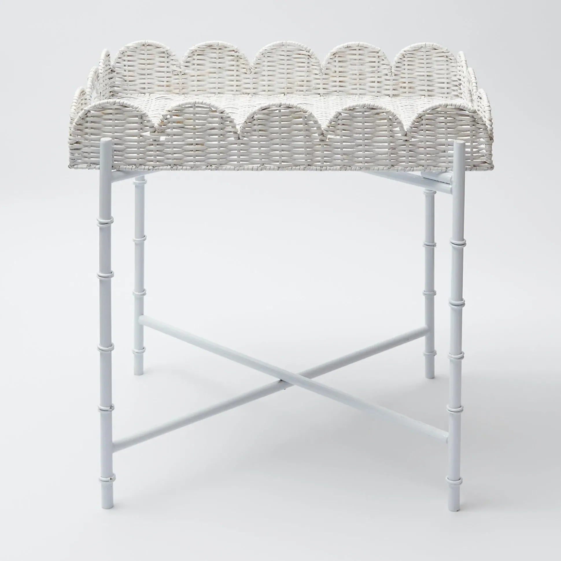 White Scalloped Rattan Tray With Stand