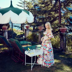 White Scalloped Rattan Tray With Stand